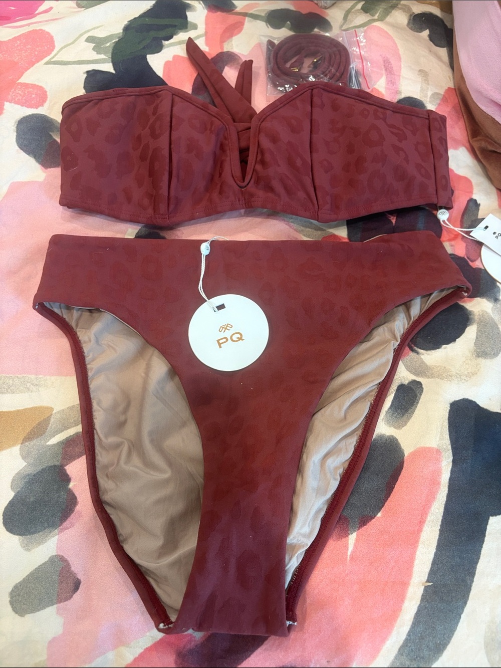 NWT PQ Swim Lynn Chrissy Bandeau Bikini Set Leopard Rust M